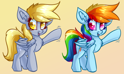 Size: 6685x4000 | Tagged: safe, artist:luxsimx, artist:witchtaunter, derpy hooves, rainbow dash, pegasus, pony, g4, absurd resolution, chest fluff, collaboration, colored pupils, derp, duo, female, gradient background, recolor, smiling, waving