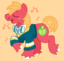 Size: 1249x1200 | Tagged: safe, artist:polycreek, big macintosh, earth pony, pony, g4, blushing, bowtie, clothes, colored hooves, eyes closed, freckles, male, music notes, ponytones outfit, simple background, singing, solo, stallion, sweater, unshorn fetlocks, yellow background