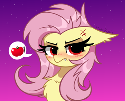 Size: 4006x3239 | Tagged: safe, artist:kittyrosie, fluttershy, bat pony, pony, g4, angry, apple, bat ponified, blushing, cross-popping veins, cute, digital art, emanata, fangs, female, flutterbat, food, madorable, mare, night, race swap, shyabates, shyabetes, solo, thought bubble, tsundere