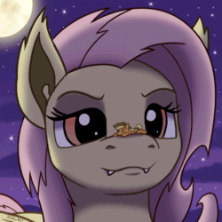 Size: 1000x1000 | Tagged: safe, artist:tsitra360, applejack, fluttershy, bat pony, earth pony, pegasus, pony, g4, animated, appletini, balancing, bat ponified, commission, cowboy hat, duo, fangs, female, flutterbat, full moon, giantshy, hat, looking at something, macro, micro, moon, night, night sky, ponies balancing stuff on their nose, race swap, size difference, sky, smiling, starry night, stars, stetson, toothy grin, toss