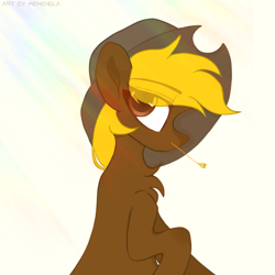 Size: 1200x1200 | Tagged: safe, artist:memengla, oc, oc only, oc:acres, earth pony, pony, blonde, blonde mane, brown coat, chest fluff, cowboy hat, earth pony oc, eye clipping through hair, food, hat, male, simple background, solo, stallion, wheat, white background