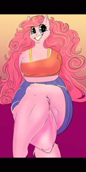 Size: 1080x2160 | Tagged: safe, artist:unfinishedheckery, pinkie pie, earth pony, anthro, unguligrade anthro, g4, breasts, busty pinkie pie, clothes, crossed legs, digital art, female, looking at you, shirt, shorts, smiling, smiling at you, solo, tail, thighs, wide hips