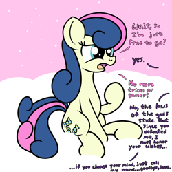 Size: 2000x2000 | Tagged: safe, artist:dafiltafish, bon bon, sweetie drops, oc, oc:hedone, earth pony, pony, comic:day by day, g4, cloud, confused, dialogue, female, high res, lesbian, offscreen character, open mouth, sitting