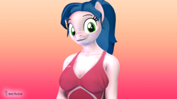 Size: 3840x2160 | Tagged: safe, artist:seriff-pilcrow, oc, oc only, oc:lacuna, earth pony, anthro, 3d, bust, clothes, disguise, disguised changeling, dress, freckles, high res, nexgen, ponytail, simple background, smiling, solo, source filmmaker