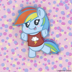 Size: 2048x2048 | Tagged: safe, artist:ledwine glass, rainbow dash, pegasus, pony, g4, blushing, bolt, chibi, clothes, cloud, cute, dashabetes, happy, high res, simple background, solo, standing, standing up, wingless