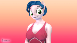 Size: 3840x2160 | Tagged: safe, alternate version, artist:seriff-pilcrow, oc, oc only, oc:lacuna, earth pony, anthro, 3d, bun, bust, clothes, disguise, disguised changeling, dress, freckles, high res, nexgen, simple background, smiling, solo, source filmmaker