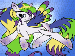 Size: 1024x768 | Tagged: safe, artist:itsteriyaki, oc, oc only, oc:riftonic, pegasus, pony, abstract background, chest fluff, geometric background, long mane, long tail, male, music notes, smiling, solo, spread wings, stallion, wingding eyes, wings