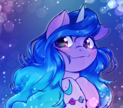 Size: 1896x1668 | Tagged: safe, artist:kurogewapony, izzy moonbow, pony, unicorn, g5, abstract background, blushing, bracelet, cute, female, izzybetes, jewelry, mare, solo