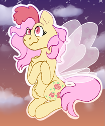 Size: 1085x1300 | Tagged: safe, artist:apatheticxaddict, rosedust, flutter pony, pony, g1, g4, chest fluff, cloud, colored pupils, cute, fairy wings, female, floating, g1 to g4, generation leap, mare, queen rosedust, rosedorable, smiling, solo, stars, transparent wings, wings