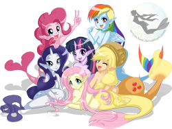 Size: 1349x1015 | Tagged: safe, artist:seiyachan, applejack, fluttershy, pinkie pie, rainbow dash, rarity, twilight sparkle, mermaid, anthro, g4, clothes, cutie mark on human, mermaid tail, mermaidized, mermarity, partial nudity, simple background, species swap, strategically covered, topless, transparent background
