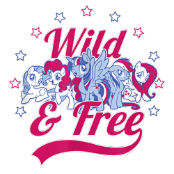 Size: 750x750 | Tagged: safe, fluttershy, pinkie pie, rainbow dash, rarity, twilight sparkle, alicorn, earth pony, pegasus, pony, unicorn, g4, official, alternate color palette, cropped, design, female, mare, merchandise, shirt design, simple background, stars, text, transparent background, twilight sparkle (alicorn), united states, wild and free