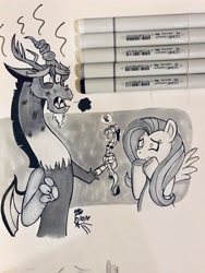 Size: 3024x4032 | Tagged: safe, artist:chibi-n92, discord, fluttershy, draconequus, dragon, pegasus, pony, g4, burned, burnt, crossover, female, irl, male, mare, marker drawing, mulan, mushu, signature, smiling, traditional art, wings