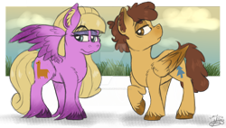 Size: 1024x580 | Tagged: safe, artist:milledpurple, pegasus, pony, crossover, deviantart watermark, dipcifica, dipper pines, duo, female, grass, gravity falls, makeup, male, mare, non-mlp shipping, obtrusive watermark, pacifica northwest, ponified, raised hoof, shipping, signature, stallion, straight, two toned wings, unshorn fetlocks, watermark, wings