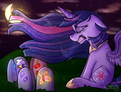 Size: 1880x1428 | Tagged: safe, artist:milledpurple, twilight sparkle, alicorn, pony, g4, the last problem, cloud, crescent moon, crying, crylight sparkle, ethereal mane, eyes closed, female, gravestone, gritted teeth, immortality blues, mare, moon, older, older twilight, older twilight sparkle (alicorn), peytral, princess twilight 2.0, sitting, starry mane, transparent moon, twilight sparkle (alicorn), twilight will outlive her friends