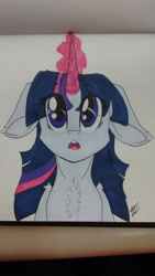 Size: 1440x2560 | Tagged: safe, artist:donnie-moon, twilight sparkle, pony, unicorn, g4, bust, chest fluff, d:, female, floppy ears, glowing horn, horn, mare, open mouth, signature, solo, traditional art, unicorn twilight