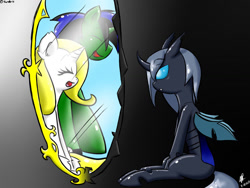 Size: 1024x768 | Tagged: dead source, safe, artist:harthric, oc, oc:angelic grace (enigmamystere), oc:gel, oc:rhino, changeling, pony, unicorn, fanfic:an alternate path, disguise, disguised changeling, fanfic, mirror