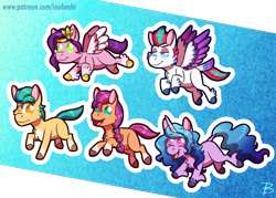 Size: 1400x1000 | Tagged: safe, artist:inuhoshi-to-darkpen, hitch trailblazer, izzy moonbow, pipp petals, sunny starscout, zipp storm, earth pony, pegasus, pony, unicorn, g5, adorapipp, blaze (coat marking), braid, cheek fluff, chest fluff, chibi, coat markings, cute, facial markings, female, flying, group, hoof fluff, jumping, male, mane five, mare, open mouth, quintet, raised eyebrow, royal sisters (g5), running, siblings, sisters, smiling, smug, smugzipp, socks (coat markings), stallion, unshorn fetlocks