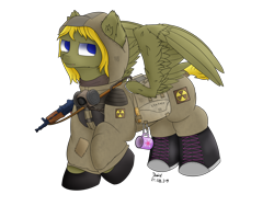Size: 4000x3000 | Tagged: safe, artist:donnik, oc, oc only, oc:donnik, pegasus, pony, ak-47, aks-74u, assault rifle, clothes, cup, cutie mark, gun, radioactive, rifle, s.t.a.l.k.e.r., scar, solo, spread wings, weapon, wings