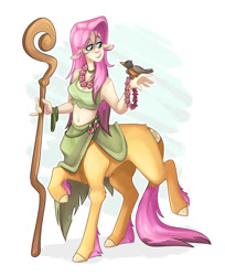 Size: 1024x1254 | Tagged: safe, artist:luximus17, fluttershy, bird, centaur, human, taur, g4, belly button, bracelet, centaurified, centaurshy, druid, dungeons and dragons, female, humanized, jewelry, lei, mare, pen and paper rpg, rpg, simple background, solo, species swap, staff, white background