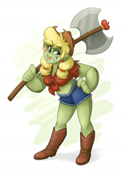Size: 1024x1414 | Tagged: safe, artist:luximus17, applejack, human, orc, g4, applejack's hat, axe, barbarian, barbarianjack, boots, clothes, cowboy hat, daisy dukes, dungeons and dragons, female, freckles, front knot midriff, half-orc, hat, humanized, midriff, nose piercing, nose ring, orcified, pen and paper rpg, piercing, rpg, shoes, shorts, simple background, solo, weapon, white background