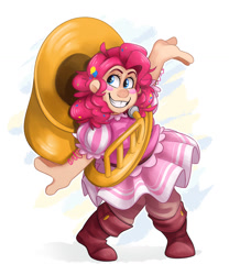 Size: 1024x1228 | Tagged: safe, artist:luximus17, pinkie pie, dwarf, human, g4, bard, bard pie, boots, clothes, dress, dwarfified, fantasy class, female, humanized, musical instrument, shoes, simple background, solo, tuba, white background