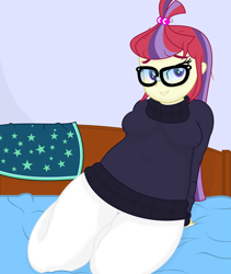 Size: 5737x6800 | Tagged: safe, artist:dtavs.exe, moondancer, equestria girls, g4, absurd resolution, bed, chubby, cloak, clothes, equestria girls-ified, glasses, implied sunburst, implied sundancer, lip bite, show accurate, sunburst's cloak