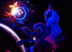 Size: 3937x2829 | Tagged: safe, artist:itssim, princess luna, alicorn, pony, g4, chromatic aberration, earth, facing away, female, glowing, high res, looking at something, looking away, mare, moon, planet, solo, space, spread wings, stars, wings