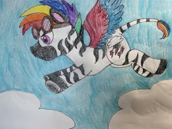 Size: 4032x3024 | Tagged: safe, oc, oc only, human, hybrid, pegasus, zebra, cloud, flying, goggles, original character do not steal, sky, solo, traditional art