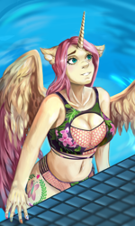 Size: 2894x4829 | Tagged: safe, artist:liseyly, oc, oc only, oc:princess fluttershy, alicorn, anthro, au:friendship is kindness, alicorn oc, alicornified, alternate cutie mark, alternate design, alternate hairstyle, alternate universe, bikini, clothes, commission, horn, multicolored nails, race swap, smiling, solo, story included, swimming pool, swimsuit, tiled floor, two toned wings, water, wet, wet fur, wet mane, wet wings, wings, ych result