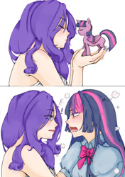 Size: 750x1065 | Tagged: source needed, safe, artist:jiuying409, rarity, twilight sparkle, alicorn, pony, equestria girls, g4, blushing, exclamation point, eye clipping through hair, eyes closed, female, holding a pony, human coloration, lesbian, open mouth, ship:rarilight, shipping, transformation