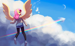 Size: 2000x1247 | Tagged: safe, artist:mrscroup, fluttershy, rainbow dash, pegasus, anthro, plantigrade anthro, g4, clothes, cloud, crescent moon, duo, flying, jeans, leggings, moon, pants, rainbow trail, shockwave, shoes, shorts, sky, sneakers, sound barrier, speed trail, tights, vapor cone, winged anthro