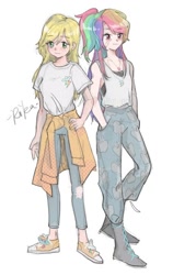 Size: 500x790 | Tagged: safe, artist:saruko, applejack, rainbow dash, human, g4, converse, female, height difference, humanized, lesbian, ship:appledash, shipping, shoes