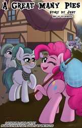 Size: 2310x3570 | Tagged: safe, artist:kyokimute, cloudy quartz, limestone pie, marble pie, maud pie, pinkie pie, earth pony, pony, comic:a great many pies, g4, bindle, blushing, chapter image, comic, cover art, explicit description, explicit source, female, fimfiction, glasses, high res, looking at you, looking back, looking back at you, mare, neckerchief, one eye closed, open mouth, open smile, pie sisters, rock farm, siblings, sisters, smiling, wink