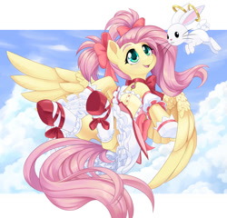 Size: 1600x1539 | Tagged: safe, artist:dstears, angel bunny, fluttershy, pegasus, pony, rabbit, g4, animal, anime, clothes, cloud, cosplay, costume, cute, dress, female, flying, kyubey, madoka kaname, magical girl, mare, puella magi madoka magica, shoes, shyabetes, skirt, sky, socks, spread wings, wings
