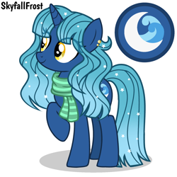 Size: 1448x1448 | Tagged: safe, artist:skyfallfrost, oc, oc only, oc:midnight ocean, pony, unicorn, clothes, female, mare, reference sheet, scarf, simple background, solo, white background