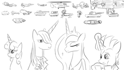 Size: 1920x1080 | Tagged: safe, artist:truffle shine, prince blueblood, princess luna, sweetie belle, oc, oc:magnifying glass (mtr), alicorn, pony, robot, unicorn, g4, command and conquer, glasses, red alert 2, sketch, sweetie bot, tiberian sun