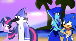 Size: 1100x600 | Tagged: safe, artist:queenbluestar, twilight sparkle, alicorn, bird, blue jay, gem (race), hedgehog, pony, anthro, g4, anthro with ponies, bandana, blushing, crack shipping, crossover, crossover shipping, female, interspecies, jealous, lapis lazuli (steven universe), lapisonic, male, mare, midriff, mordecai, mordetwi, regular show, shipping, show accurate, sonic boom, sonic the hedgehog, sonic the hedgehog (series), steven universe, straight, twilight sparkle (alicorn)