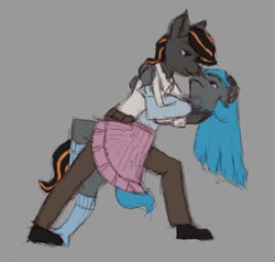 Size: 1086x1034 | Tagged: safe, artist:fahu, oc, oc only, oc:fahu, oc:sweet elis, anthro, barely pony related, dancing, embrace, furry, holding each other, imminent kissing, looking at each other, simple background