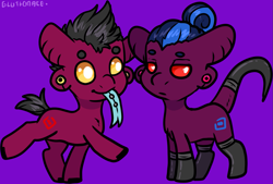 Size: 1449x978 | Tagged: safe, artist:sexygoatgod, oc, oc only, oc:prime cut, oc:sweet sweat, cusige, original species, pony, chibi, clothes, duo, ear piercing, gauges, gay, herm, latex, male, piercing, purple background, simple background, socks, tongue piercing