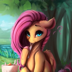 Size: 4000x4000 | Tagged: safe, artist:miokomata, fluttershy, pegasus, pony, g4, cute, eating, female, food, freckles, freckleshy, hoof hold, looking at you, mare, meat, ponies eating meat, shyabetes, solo