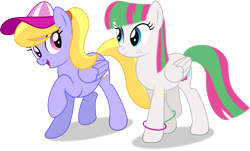 Size: 3886x2343 | Tagged: safe, artist:starcollider, blossomforth, cloud kicker, pegasus, pony, g4, .ai available, alternate versions at source, bracelet, cap, cloudforth, duo, duo female, female, hat, high res, jewelry, lesbian, looking at each other, mare, ponytail, raised hoof, shipping, simple background, transparent background, vector, walking
