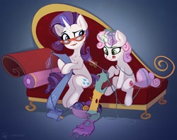 Size: 2614x2074 | Tagged: safe, artist:taneysha, rarity, sweetie belle, pony, unicorn, g4, belle sisters, chest fluff, clothes, couch, crochet, cute, diasweetes, female, filly, foal, glasses, glowing horn, high res, hooves, horn, levitation, magic, mare, raribetes, scarf, sewing, siblings, simple background, sisters, telekinesis, tongue out