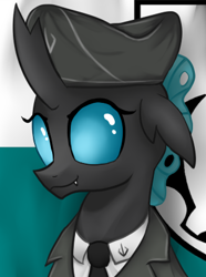 Size: 312x420 | Tagged: safe, artist:truffle shine, ocellus, changeling, equestria at war mod, g4, clothes, flag, hat, manehattan, necktie, pre changedling ocellus, solo