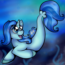 Size: 1000x1000 | Tagged: safe, artist:fishiewishes, oc, oc only, pony, seapony (g4), unicorn, blue eyes, blue mane, bubble, dorsal fin, fins, fish tail, flowing tail, horn, looking up, ocean, open mouth, open smile, seaponified, seaweed, smiling, solo, species swap, swimming, tail, underwater, water