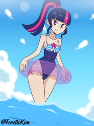 Size: 1000x1337 | Tagged: safe, artist:ferettokun, sci-twi, twilight sparkle, equestria girls, equestria girls specials, g4, my little pony equestria girls: better together, my little pony equestria girls: forgotten friendship, bare shoulders, beach, blushing, clothes, female, hips, human coloration, inner tube, sci-twi swimsuit, sleeveless, solo, swimsuit, wide hips