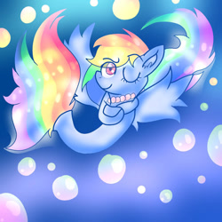 Size: 1000x1000 | Tagged: safe, artist:doraeartdreams-aspy, rainbow dash, pegasus, pony, seapony (g4), g4, bubble, female, fin wings, fish tail, flowing tail, jewelry, looking at you, multicolored hair, necklace, ocean, one eye closed, pearl necklace, pink eyes, seaponified, seapony rainbow dash, smiling, solo, species swap, tail, underwater, water, wings, wink