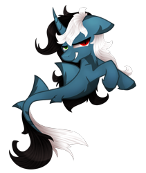 Size: 1276x1513 | Tagged: safe, artist:zmei-kira, oc, oc only, hybrid, original species, pony, seapony (g4), shark, shark pony, unicorn, dorsal fin, fish tail, flowing tail, grin, horn, seaponified, simple background, smiling, solo, species swap, tail, teeth, transparent background