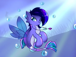 Size: 1600x1200 | Tagged: safe, artist:yugioh1911, oc, oc only, dolphin, fish, seapony (g4), blue eyes, blue mane, bubble, crepuscular rays, dorsal fin, fin wings, fins, fish tail, jewelry, necklace, ocean, seaweed, solo, sunlight, swimming, tail, underwater, water, wings