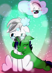 Size: 2480x3508 | Tagged: safe, artist:ace play, oc, oc only, oc:lupi, oc:snoopy stallion, earth pony, pony, unicorn, blush sticker, blushing, cute, earth pony oc, eyes closed, female, frown, glasses, grumpy, heart, high res, horn, hug, male, shipping, smiling, straight, thought bubble, unamused, unicorn oc