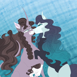 Size: 1280x1280 | Tagged: safe, artist:inisealga, coloratura, rarity, pony, unicorn, g4, alternate design, braid, cheek kiss, clothes, cloven hooves, curved horn, female, horn, kissing, lesbian, markings, rara, raraty, ship:rarararara, shipping, sweater, turtleneck, unshorn fetlocks, wavy mane